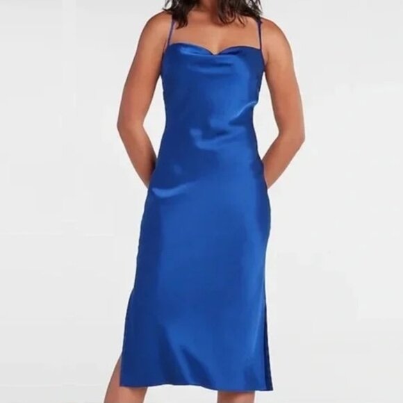 2/$30 NWT Express Satin Cowl Neck Midi Slip Dress Royal Blue XL #8812 - Picture 3 of 8